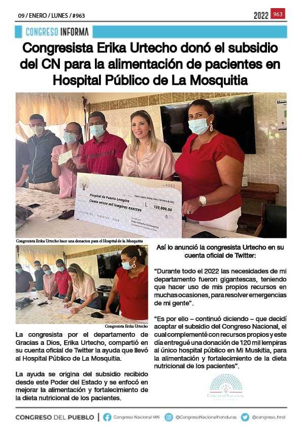 Congresista Erika Urtecho donó el subsidio del CN para la alimentación de pacientes en Hospital Público de La Mosquitia